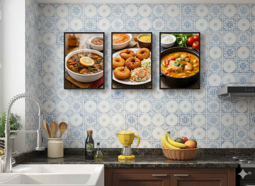 Cozinha moderna com azulejos decorativos na parede e quadros de pratos típicos brasileiros