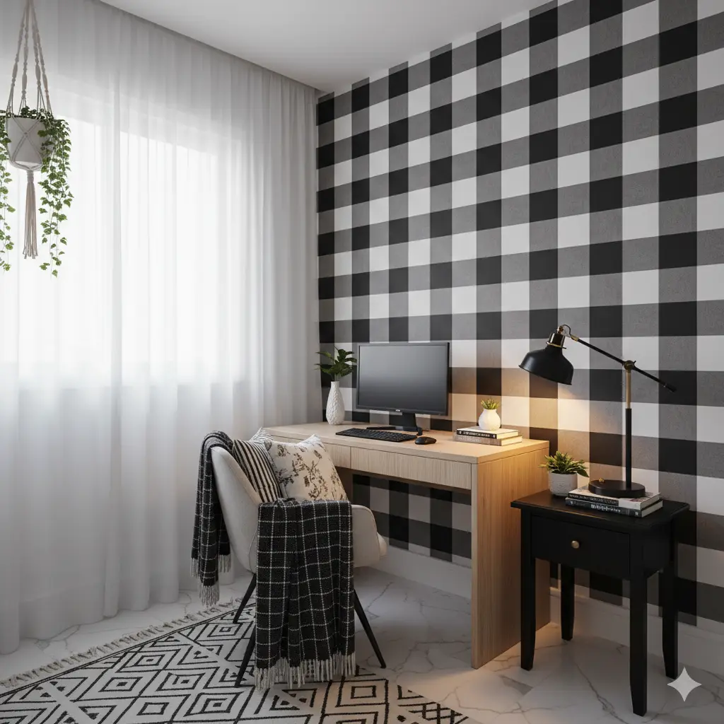 Xadrez na decoração. Um espaço de escritório no canto do quarto com parede decorada com papel de parede xadrez preto e branco