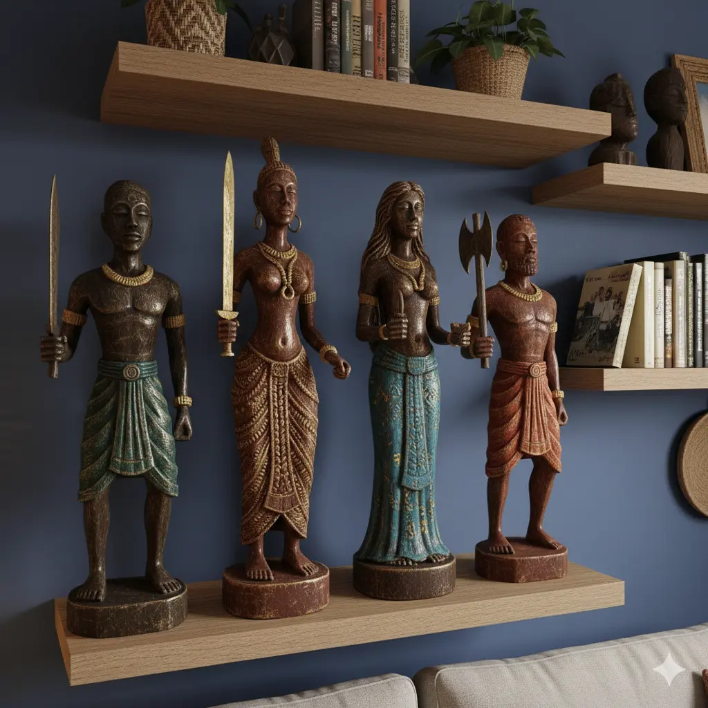 Esculturas africanas decorativas de madeira em uma parede de sala de estar moderna, representando personagens tradicionais africanas 