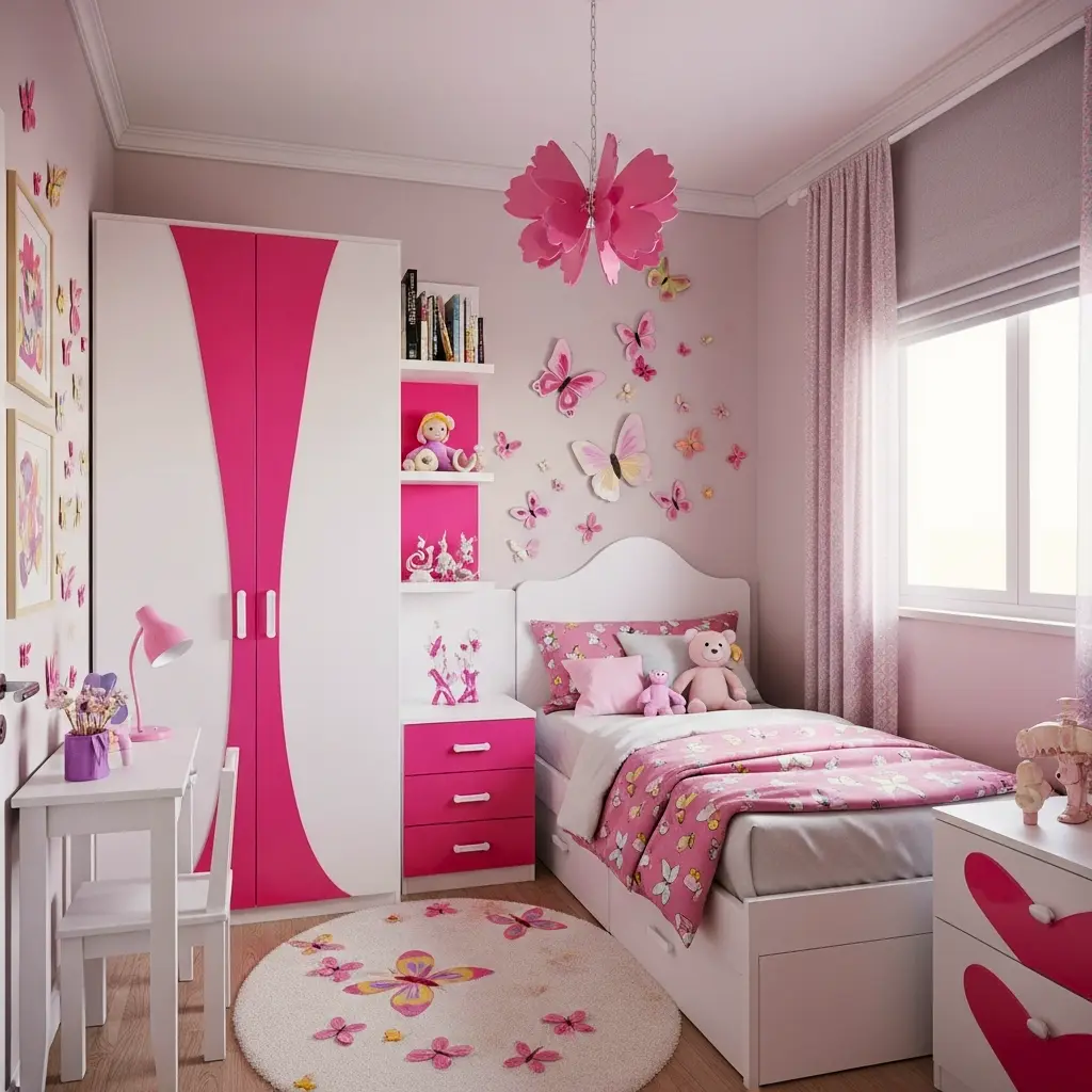 Quarto de menina decorado com tema de borboletas, em tons de rosa e branco, com móveis femininos, tapete de borboletas, e paredes decoradas com borboletas em 3D.
