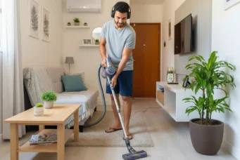 Homem realizando limpeza com aspirador de pó em sala de estar moderna, ilustrando matéria sobre erros de limpeza comuns na hora da faxina.