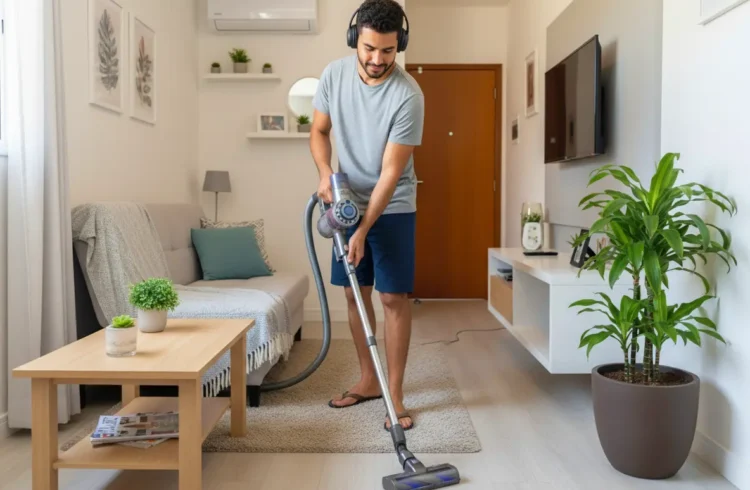 Homem realizando limpeza com aspirador de pó em sala de estar moderna, ilustrando matéria sobre erros de limpeza comuns na hora da faxina.