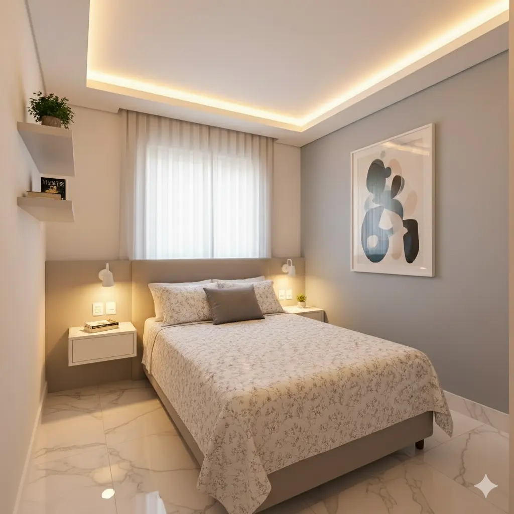 Quarto de casal pequeno e minimalista, com decoração suave em tons pastéis