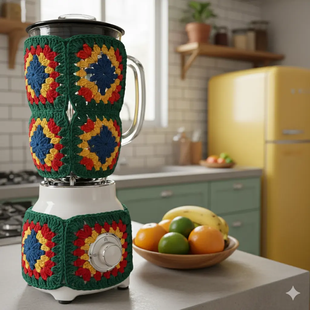 Liquidificador com capa de proteção de tricô colorido azul, amarelo, vermelho e verde em uma cozinha moderna com frutas na mesa ao fundo.