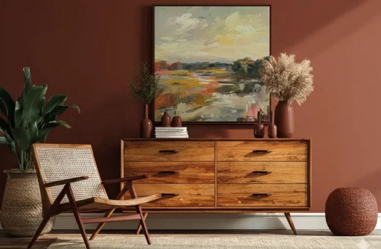 Móvel de madeira, quadro de paisagem ao fundo