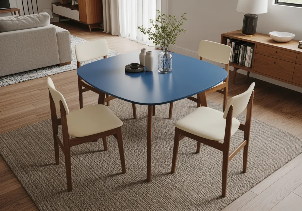 	
Mesa de jantar com acabamento em laca azul, rodeada por quatro cadeiras branca