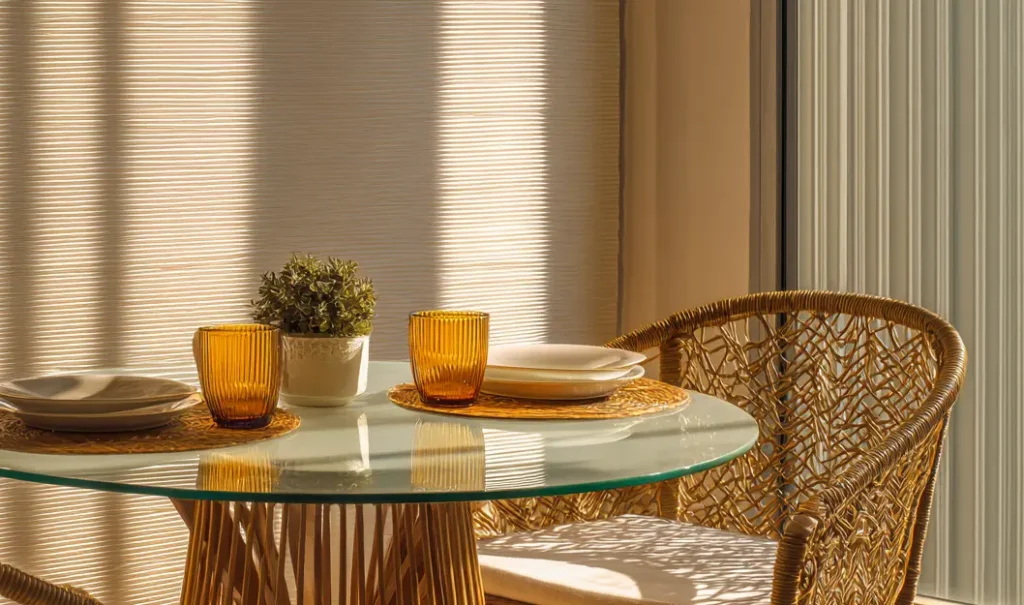 Mesa de vidro com tampo de vidro, decoração com dois copos de vidro âmbar, prato branco, e uma planta em vaso branco