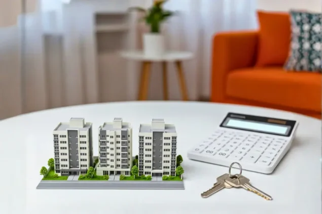 Modelo de maquete de edifícios residenciais representando imóveis do programa Minha Casa Minha Vida, ao lado de chave, calculadora e casa decorativa em ambiente interno