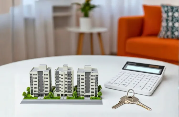 Modelo de maquete de edifícios residenciais representando imóveis do programa Minha Casa Minha Vida, ao lado de chave, calculadora e casa decorativa em ambiente interno