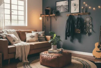 Sofá bege decorado com almofadas, tapete rústico, prateleiras com quadros, luminária de parede, violão e decoração aconchegante