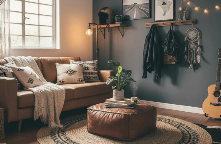 Sofá bege decorado com almofadas, tapete rústico, prateleiras com quadros, luminária de parede, violão e decoração aconchegante