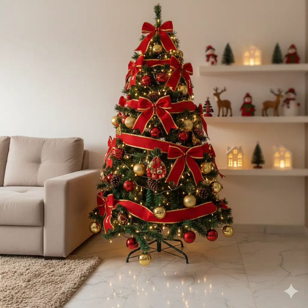 Árvore de Natal decorada com enfeites dourados e vermelhos, fitas vermelhas em laços, luzes natalinas e uma decoração de Natal ao fundo, criando um ambiente festivo