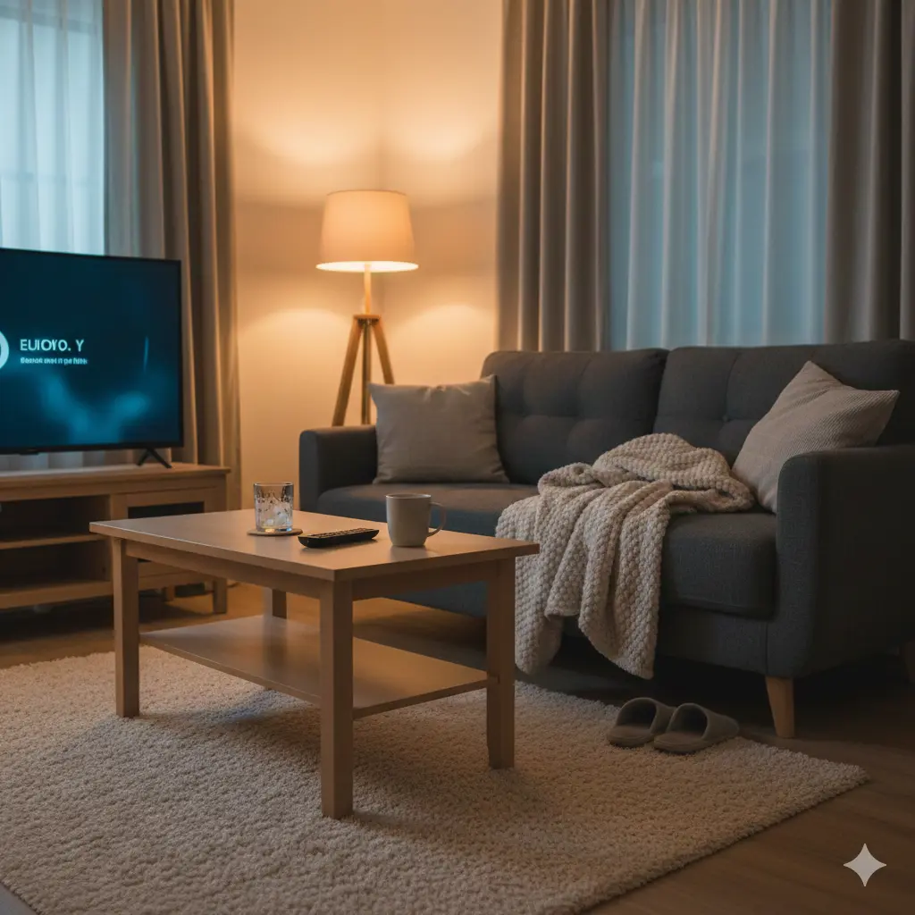 Sala de estar com sofá desorganizado, cobertor espalhado, tapete, TV e iluminação aconchegante, exemplificando uma bagunça boa que transmite conforto e descontração.