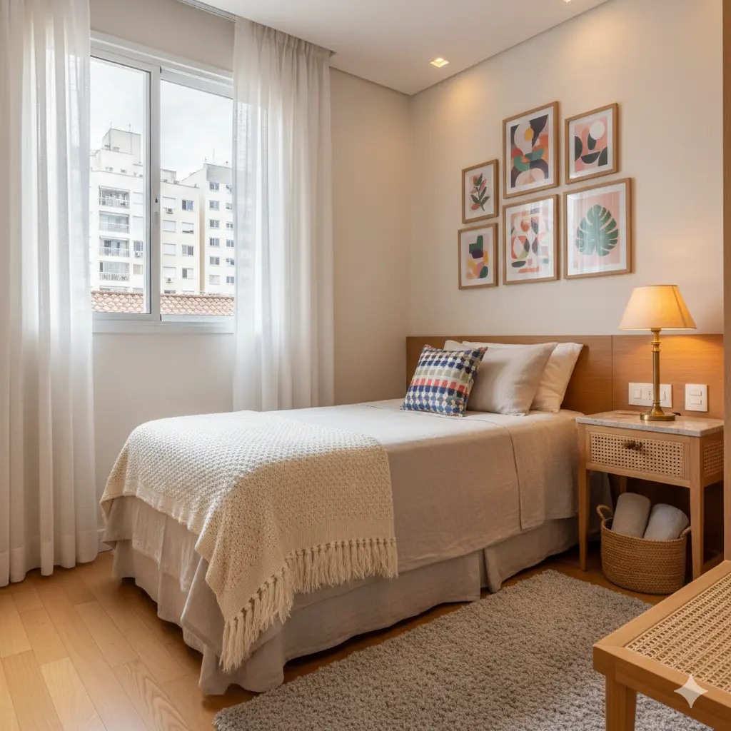 Ambiente com pequenos quadros na parede que conversam com o estilo da decoração. Os quadros trazem pinturas de folhagem e também alguns trazem elementos mais abstratos com cores vivas.