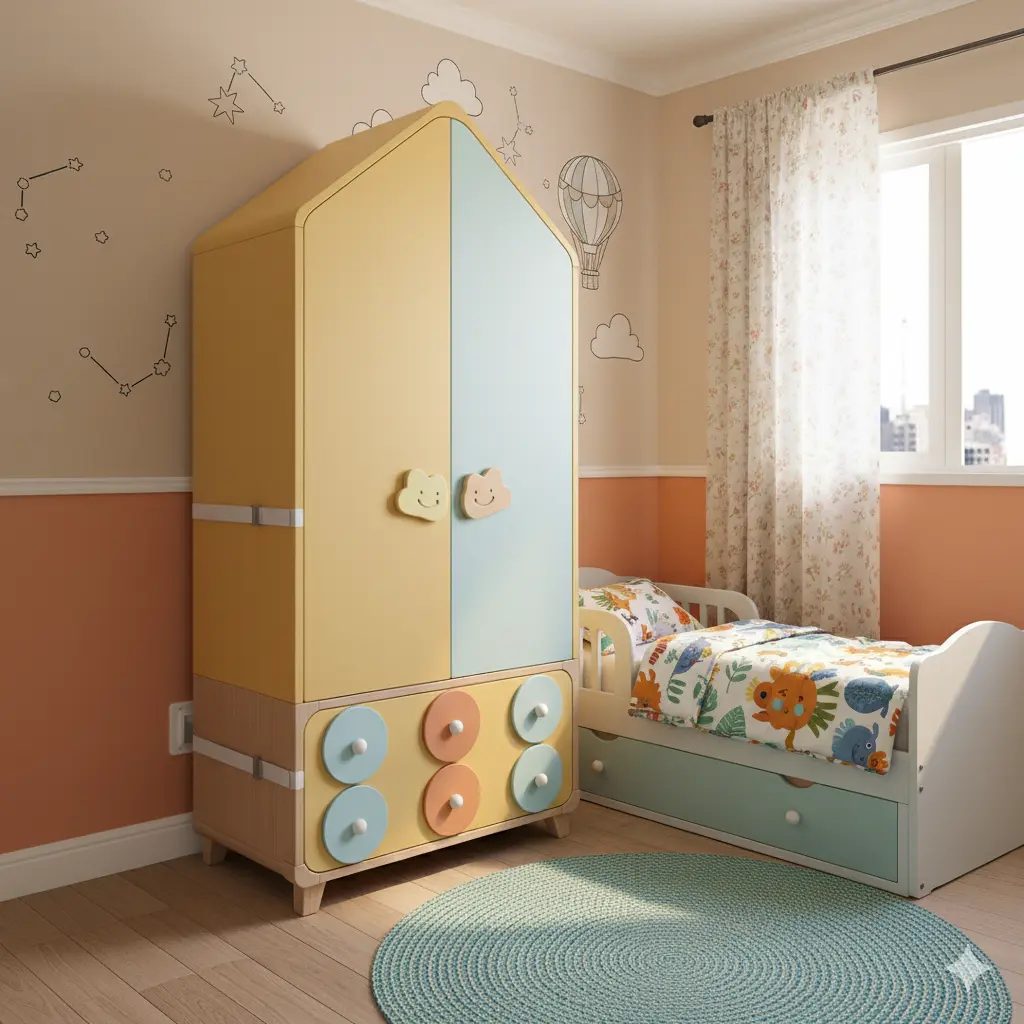 Cores suaves como azul, amarelo e rosa, decorado com temas de animais e nuvens, ideal para crianças.