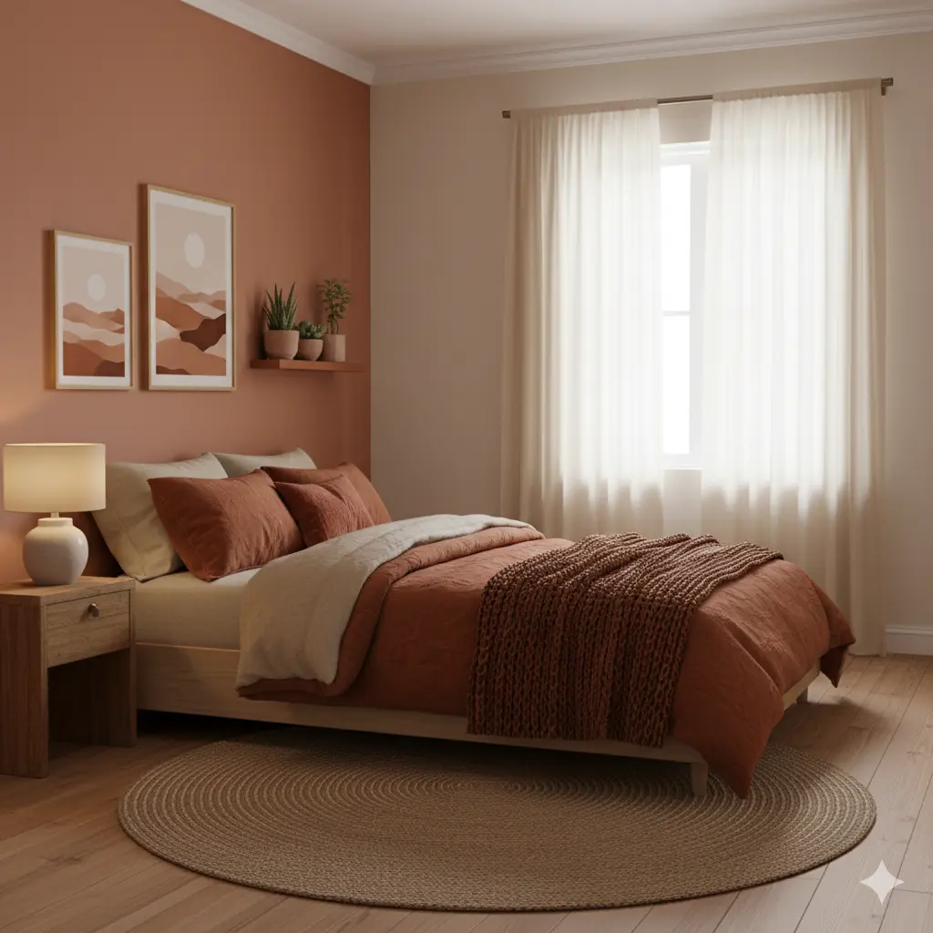 Parede de tom terracota, cama de casal com roupa de cama em tons de terra