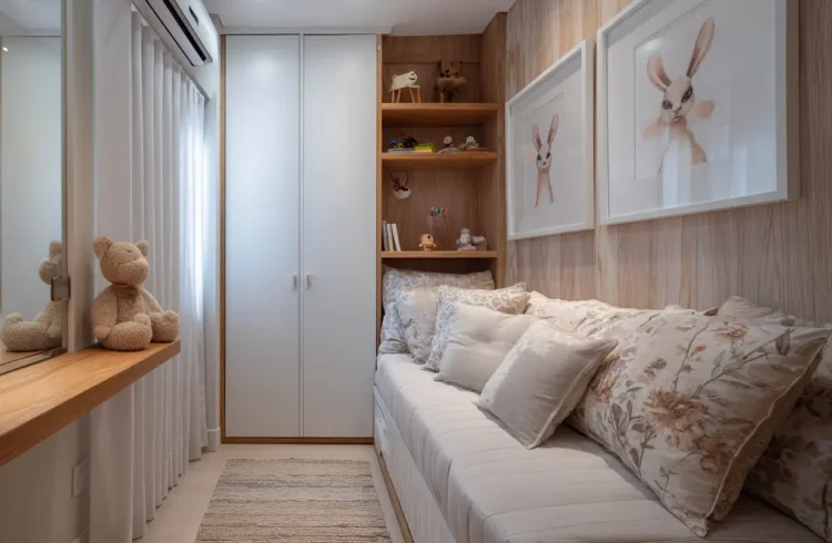 Aconchegante com poltrona com ursinho de pelúcia, estante de brinquedos, decoração de parede com desenhos de coelhinhos, guarda-roupa infantil e sofá confortável com almofadas florais.