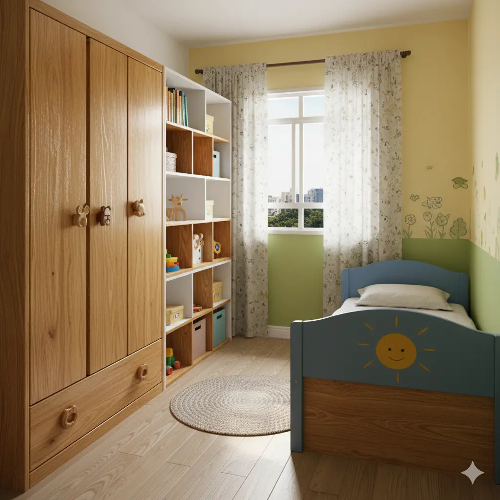 Guarda-roupa de madeira, prateleiras com brinquedos, cama com cabeceira azul decorada com sol sorridente, cortinas com estampa floral e janela com vista para cidade