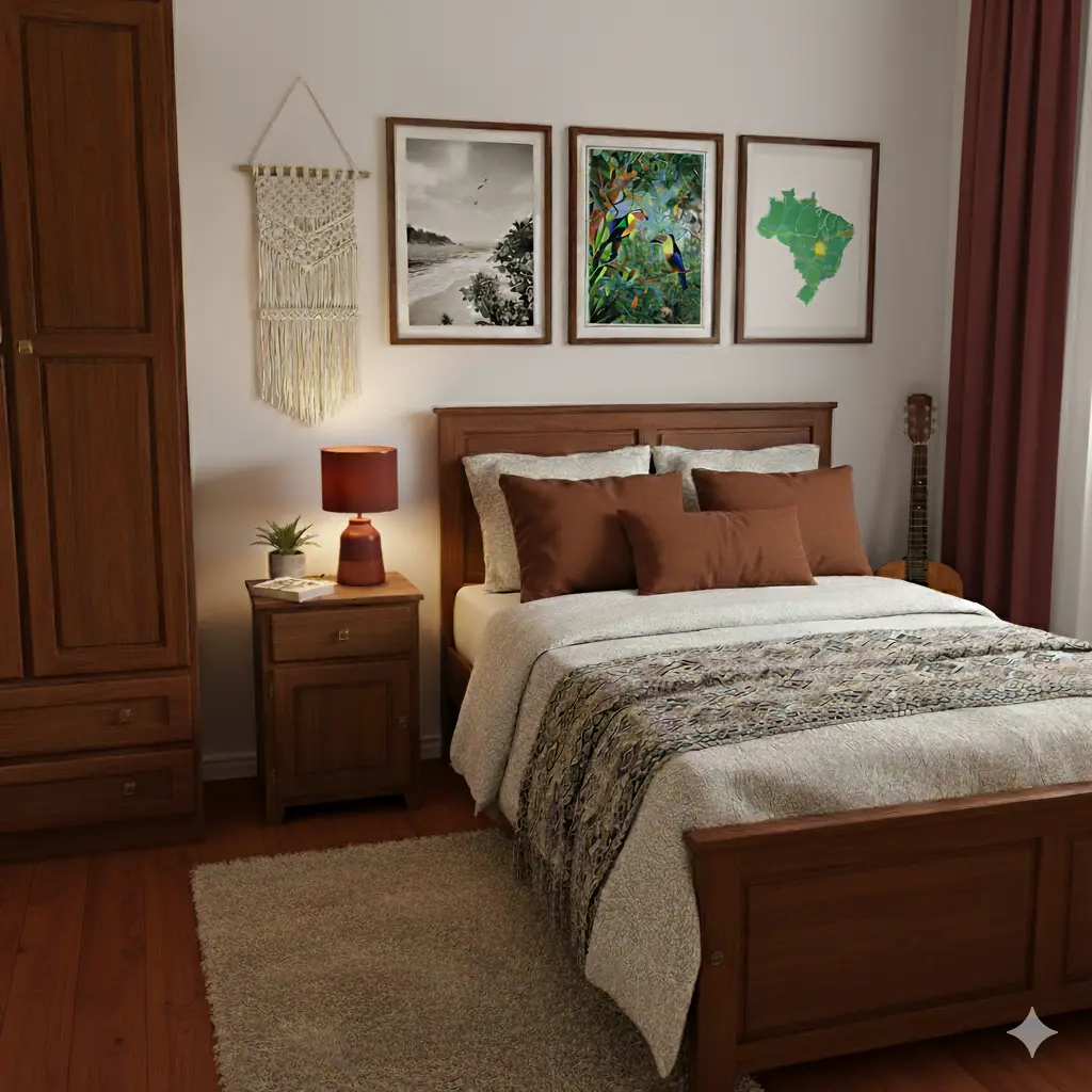 Cama de madeira em mogno quente, quadros coloridos na parede, abajur vermelho, guitarra ao lado da cama e decoração de parede com macramê.