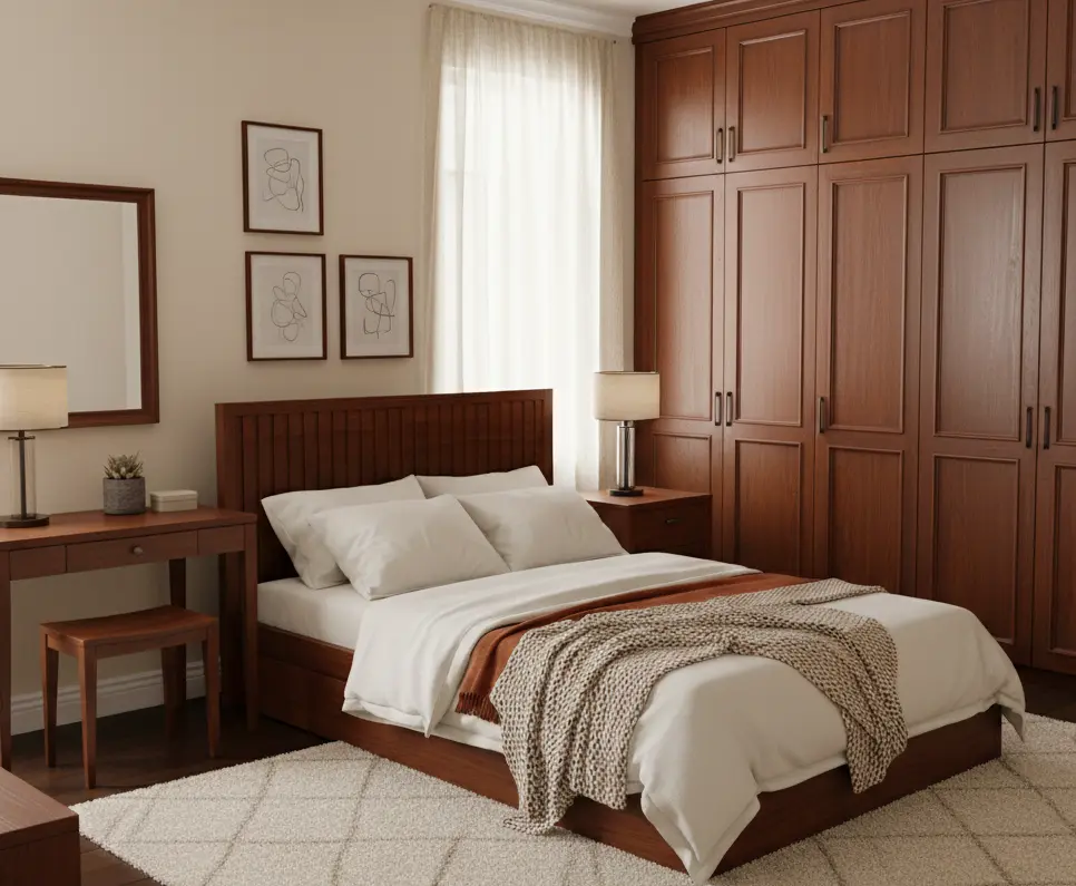 Cama de casal, cabeceira de madeira, armários embutidos