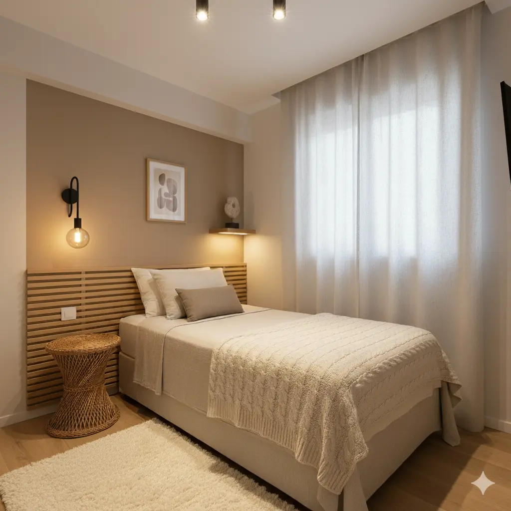 Desprezar a importância da textura e do aconchego é um dos erros na decoração do quarto. Na foto vemos o oposto, o ambiente é aconchegante, com decoração suave com madeira clara na cabeceira e roupa de cama bege com branco