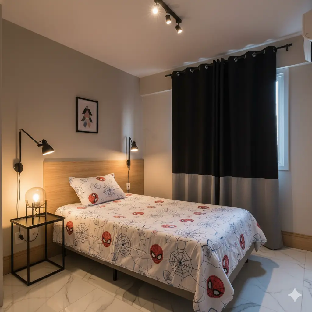 Um dos erros na decoração de quarto é contar apenas com uma única fonte de luz. Na foto é possível a ilustração do oposto em que há diversas formas de iluminação, desde luz no teto, de cabeceira e também um abajur extra ao lado da cama.