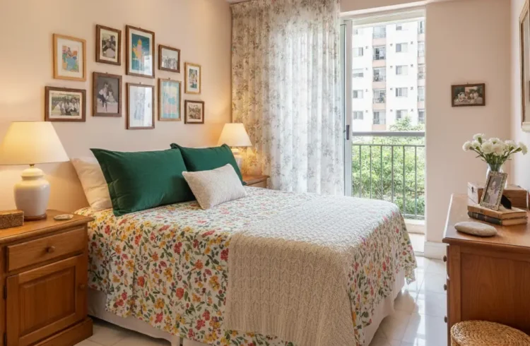 Quarto decorado com detalhes que podem ser erros na decoração, incluindo escolhas de cores, disposição de quadros e móveis, refletindo dicas de erros na decoração de quarto.