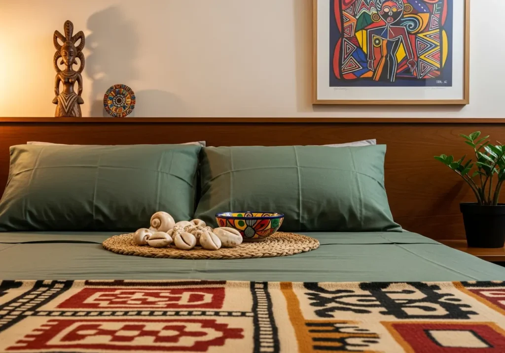 Quarto decorado com almofadas verdes, tapete, artesanato africano e vasos de plantas. Decoração inspirada na afro brasileira