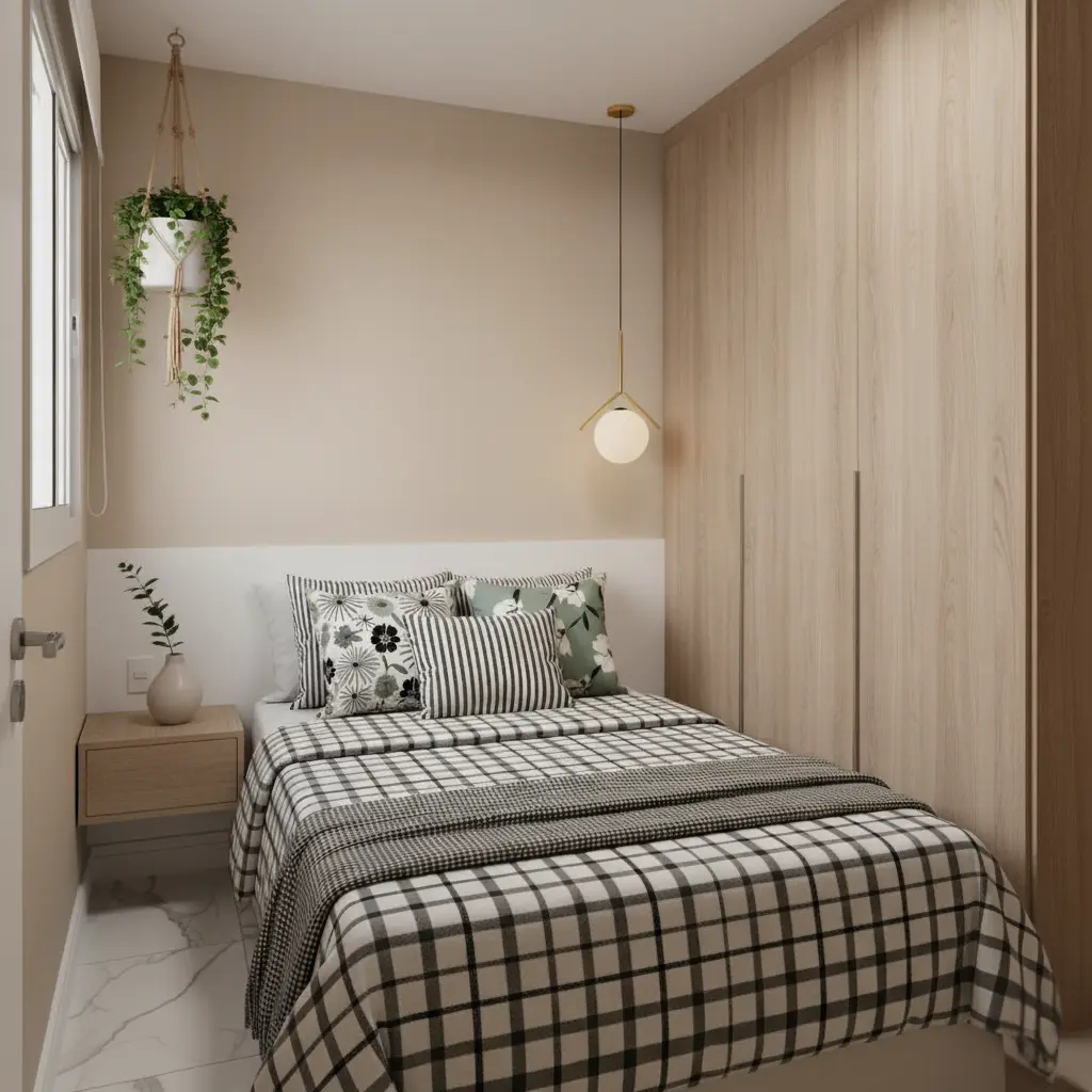 Quarto com roupa de cama xadrez preto e branco.