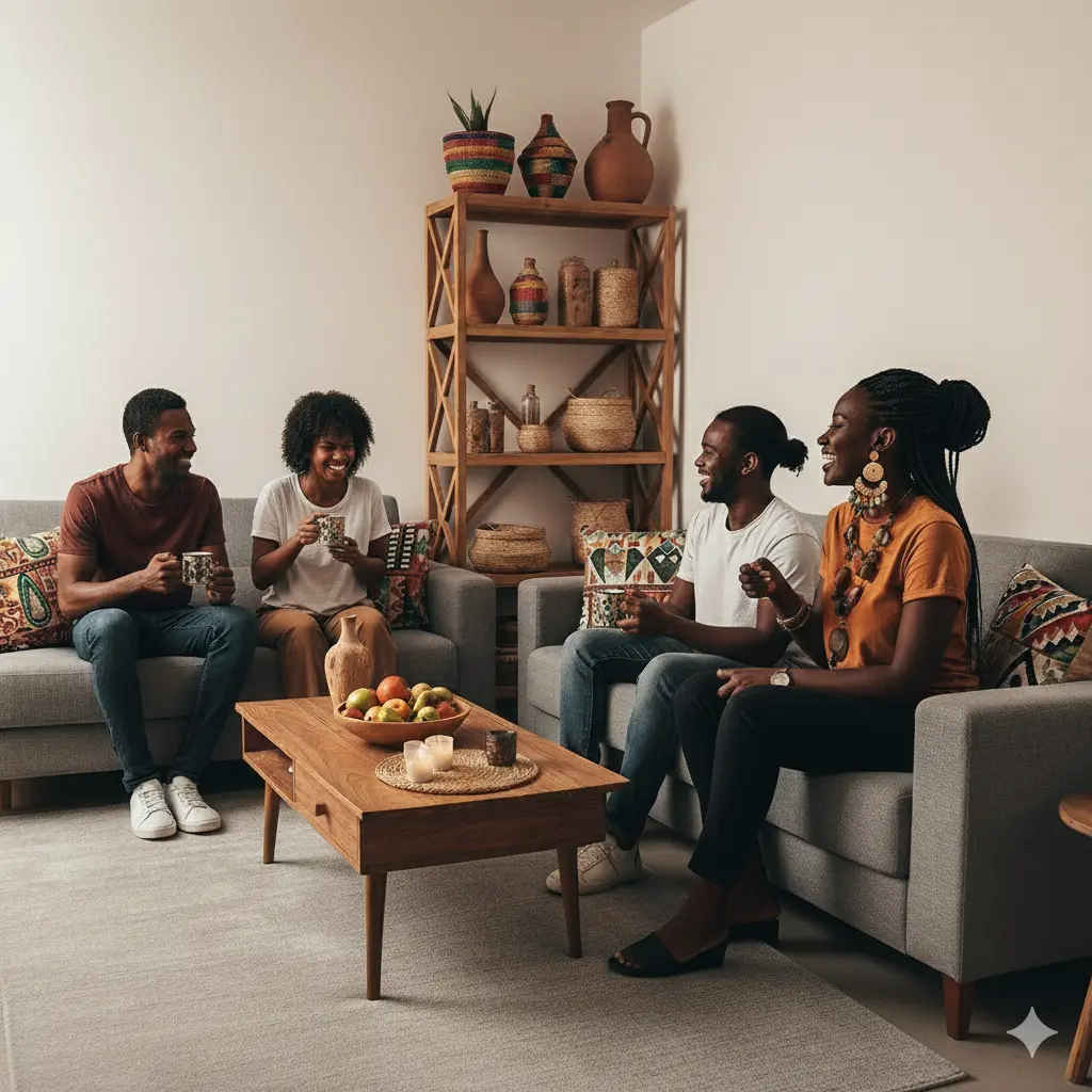 Amigos sorridentes reunidos em sala decorada com elementos de decoração afro brasileira, 