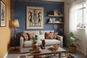 Decorada com estilo contemporâneo, parede azul com detalhes etnicos, sofá branco com almofadas coloridas, prateleiras com livros, plantas decorativas e uma janela