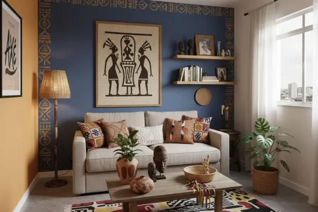 Decorada com estilo contemporâneo, parede azul com detalhes etnicos, sofá branco com almofadas coloridas, prateleiras com livros, plantas decorativas e uma janela