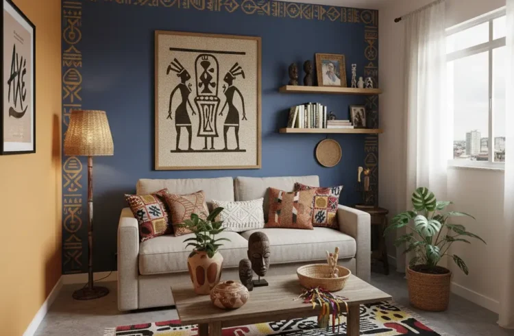 Decorada com estilo contemporâneo, parede azul com detalhes etnicos, sofá branco com almofadas coloridas, prateleiras com livros, plantas decorativas e uma janela