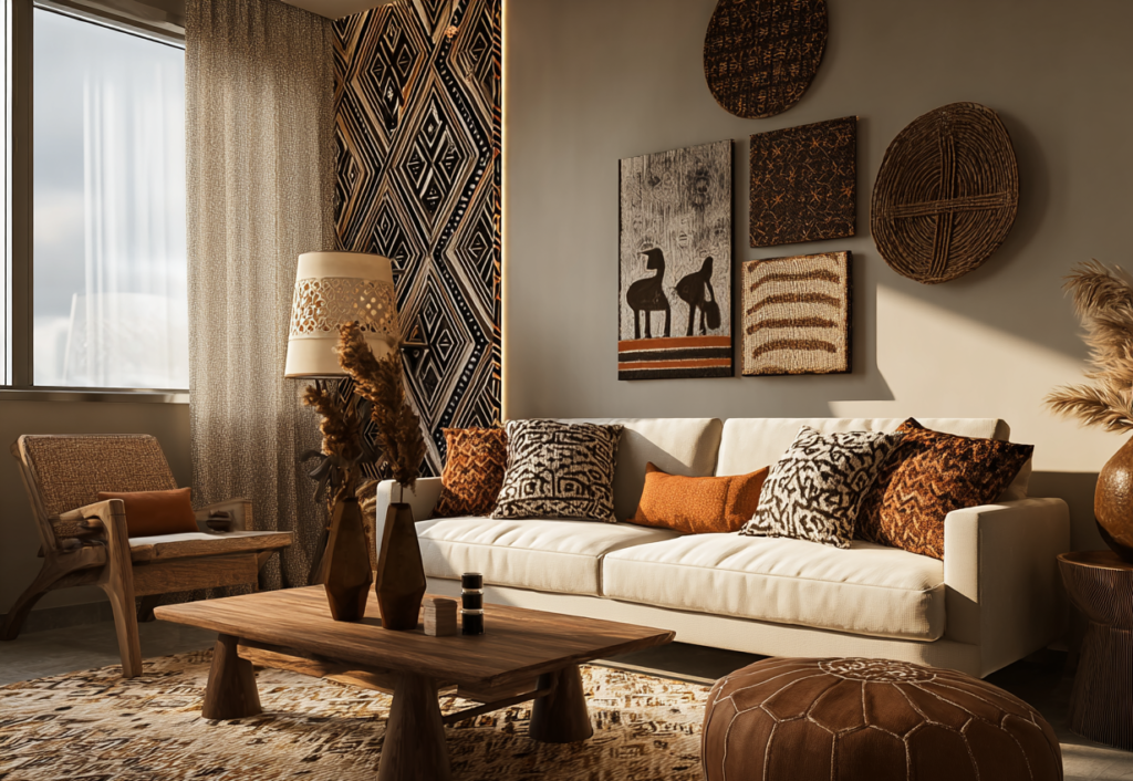 Sala com decoração afrobrasileira moderna, tapete, almofadas com padrões étnicos, arte na parede e objetos decorativos