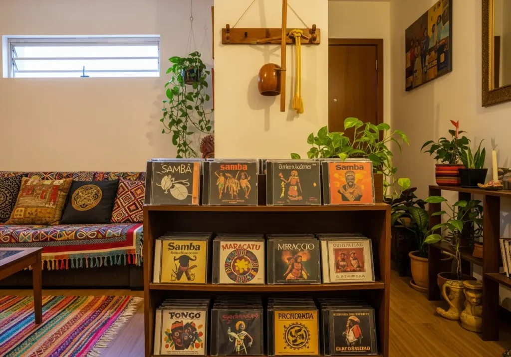 Estante de discos de vinil com músicas brasileiras de samba, maracatu, bossa nova e MPB em sala de estar. Decoração inspirada na afro brasileira