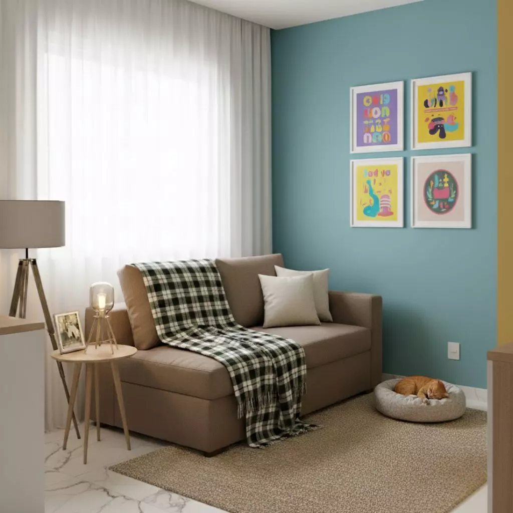 Sala de estar decorada com quadros com tema de xadrez na decoração, sofá bege com almofada branca, cortinas brancas, mesa de canto com foto, e um gato entre os acessórios, destacando a estética moderna e aconchegante.