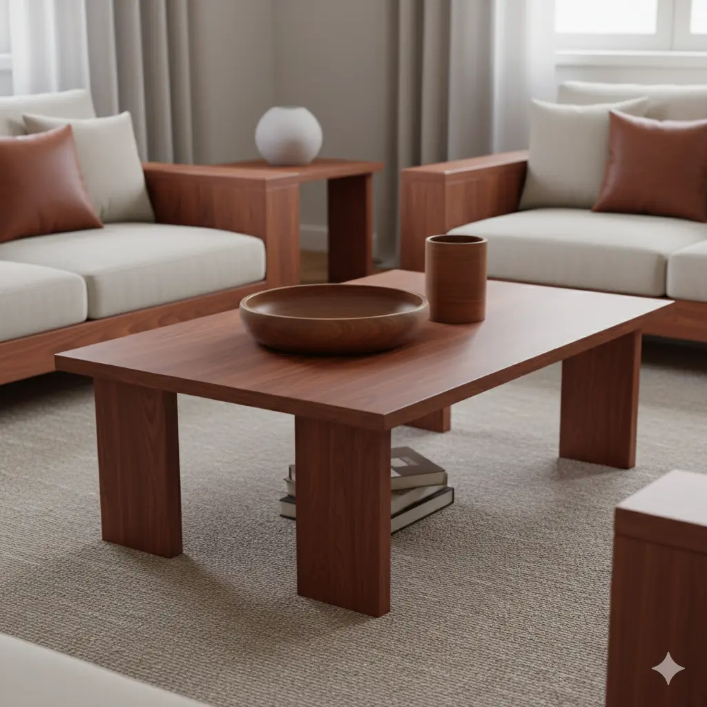 Móveis de madeira em mogno quente, incluindo uma mesa, sofás e utensílios de decoração minimalista.