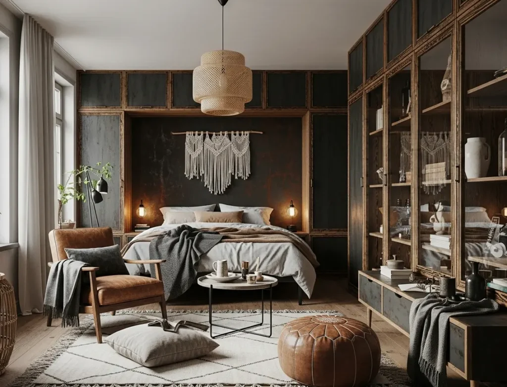 Decorado com estilo rústico e moderno, com móveis de madeira, iluminação aconchegante