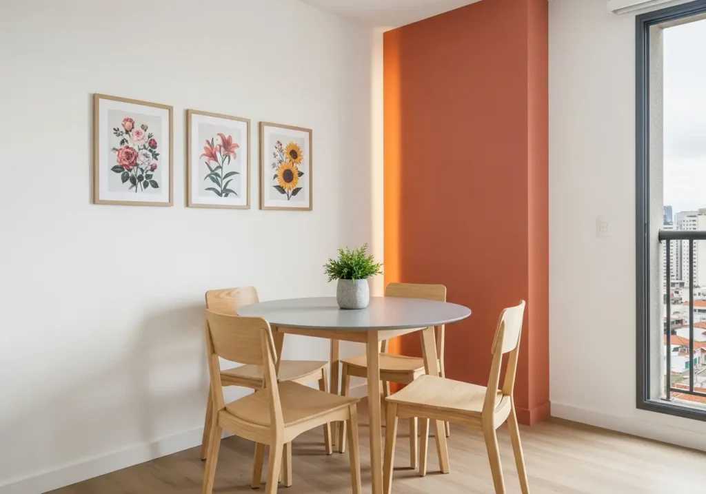 Mesa de jantar com tampo sintético em apartamento moderno,  com quadros de flores na parede