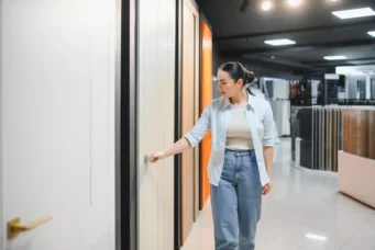 Mulher explorando diferentes tipos de porta em uma loja de materiais de construção, destacando a variedade de estilos e opções para residências e negócios.