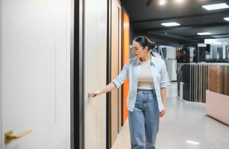 Mulher explorando diferentes tipos de porta em uma loja de materiais de construção, destacando a variedade de estilos e opções para residências e negócios.