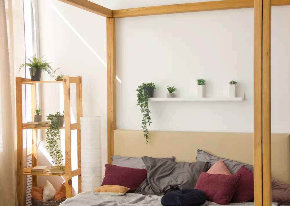 Um quarto com decoração minimalista, estantes de madeira com plantas e almofadas na cama, criando um ambiente aconchegante e bem iluminado