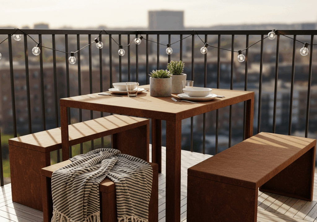 Bancada de madeira, duas banquetas e iluminação decorativa na varanda