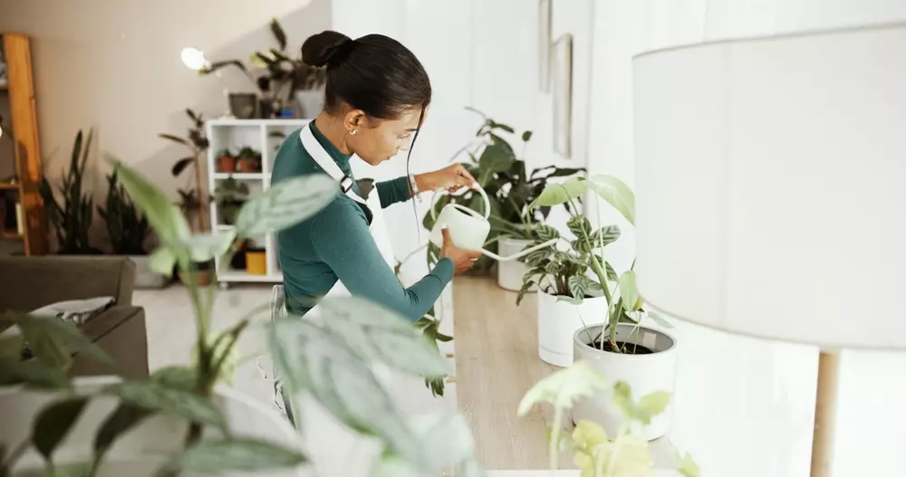 Decoração biofílica com ampla variedade de plantas em ambiente interno, promovendo conexão com a natureza e bem-estar através de vegetação diversificada.