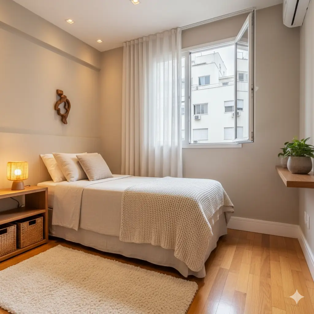 Ambiente boa iluminação natural vinda de uma janela média que está na parede lateral à cama.