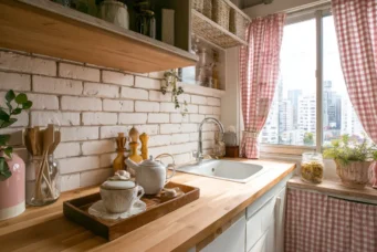 Decoração de cozinha com detalhes em xadrez na cortina e acessórios, criando um ambiente aconchegante e estilo rústico moderno.