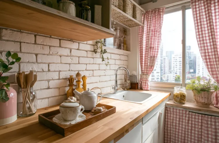 Decoração de cozinha com detalhes em xadrez na cortina e acessórios, criando um ambiente aconchegante e estilo rústico moderno.