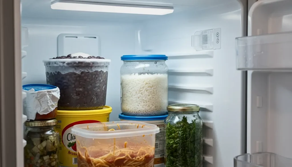 Organização de geladeira com potes reutilizados para armazenamento de alimentos