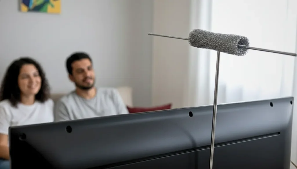 Gambiarra brasileira de antena usando palha de aço instalada no ambiente doméstico, uma solução criativa e improvisada para melhorar o sinal de TV.