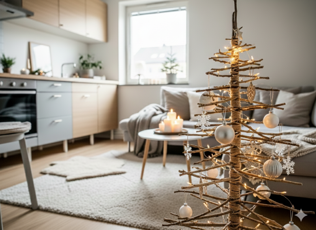 Decoração de Natal com árvore feita de galhos secos, adornada com bolas brancas, luzes e enfeites, em sala de estar